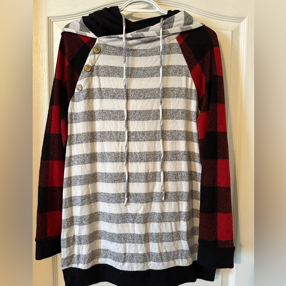 Large buffalo plaid and striped hoodie